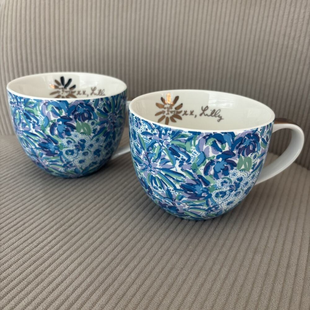 Lilly Pulitzer Mugs Floral Blue Coffee Tea Cups Golden Accent Handle Set of 2